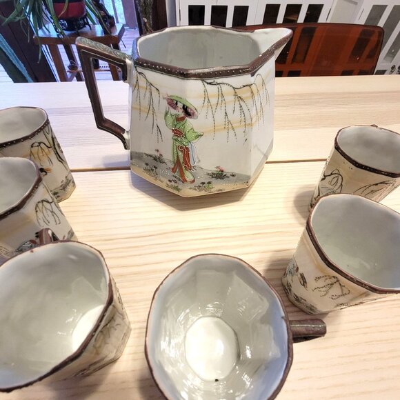 Vintage Antique Japanese Pitcher and Cup Set Geisha Asian Pattern Hand Painted - Picture 12 of 16